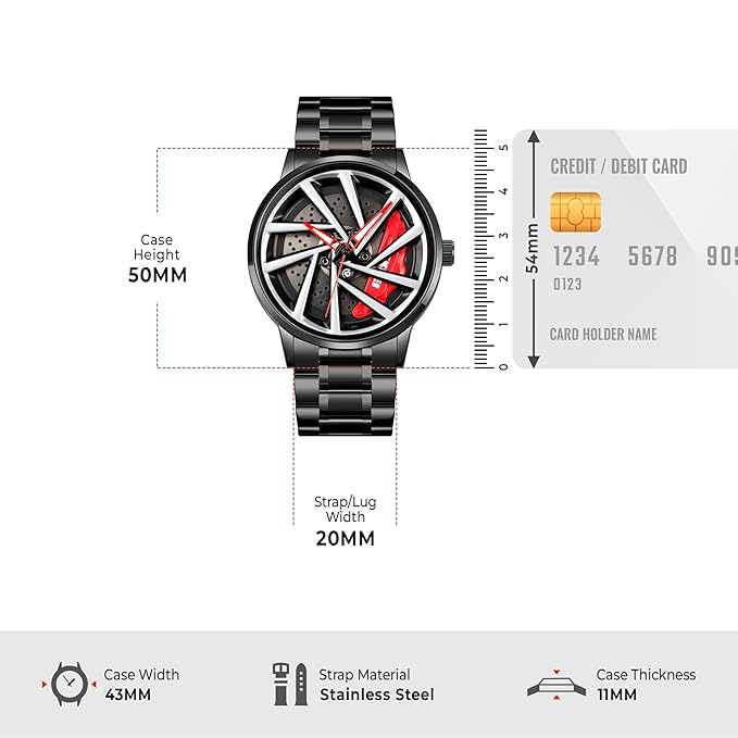 Car Wheel Style Analog Watch – Black Steel Band | Quartz | Water & Scratch Resistant