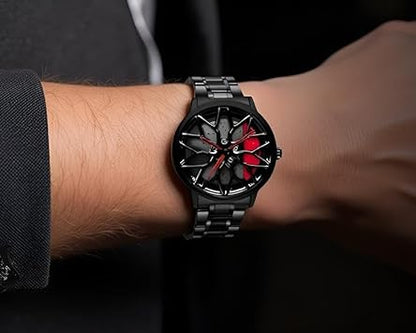 Racing Brake Disc Watch – Silver Band, Red Dial Accents