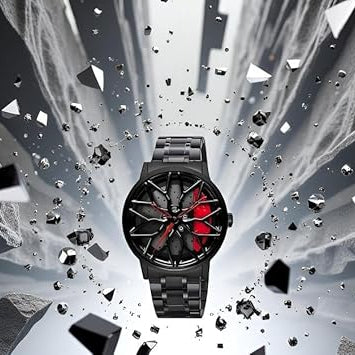 Racing Brake Disc Watch – Silver Band, Red Dial Accents