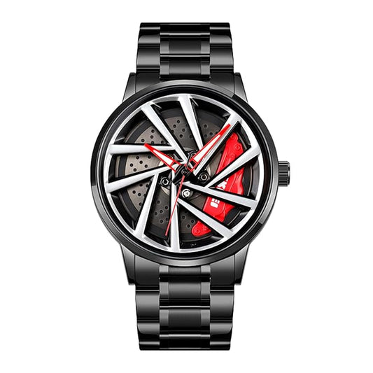Car Wheel Style Analog Watch – Black Steel Band | Quartz | Water & Scratch Resistant