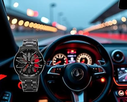 Racing Brake Disc Watch – Silver Band, Red Dial Accents