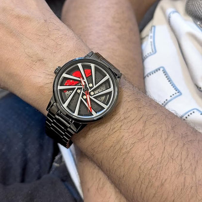 Car Wheel Style Analog Watch – Black Steel Band | Quartz | Water & Scratch Resistant