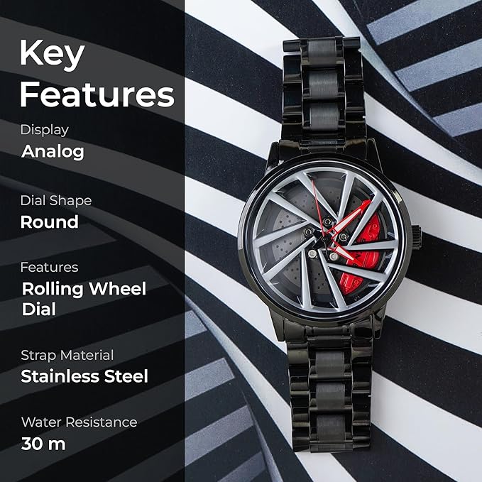 Car Wheel Style Analog Watch – Black Steel Band | Quartz | Water & Scratch Resistant