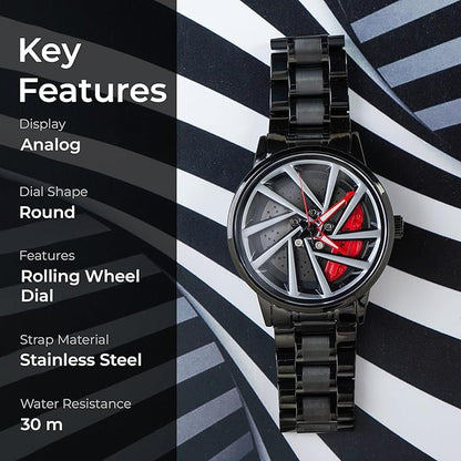 Car Wheel Style Analog Watch – Black Steel Band | Quartz | Water & Scratch Resistant