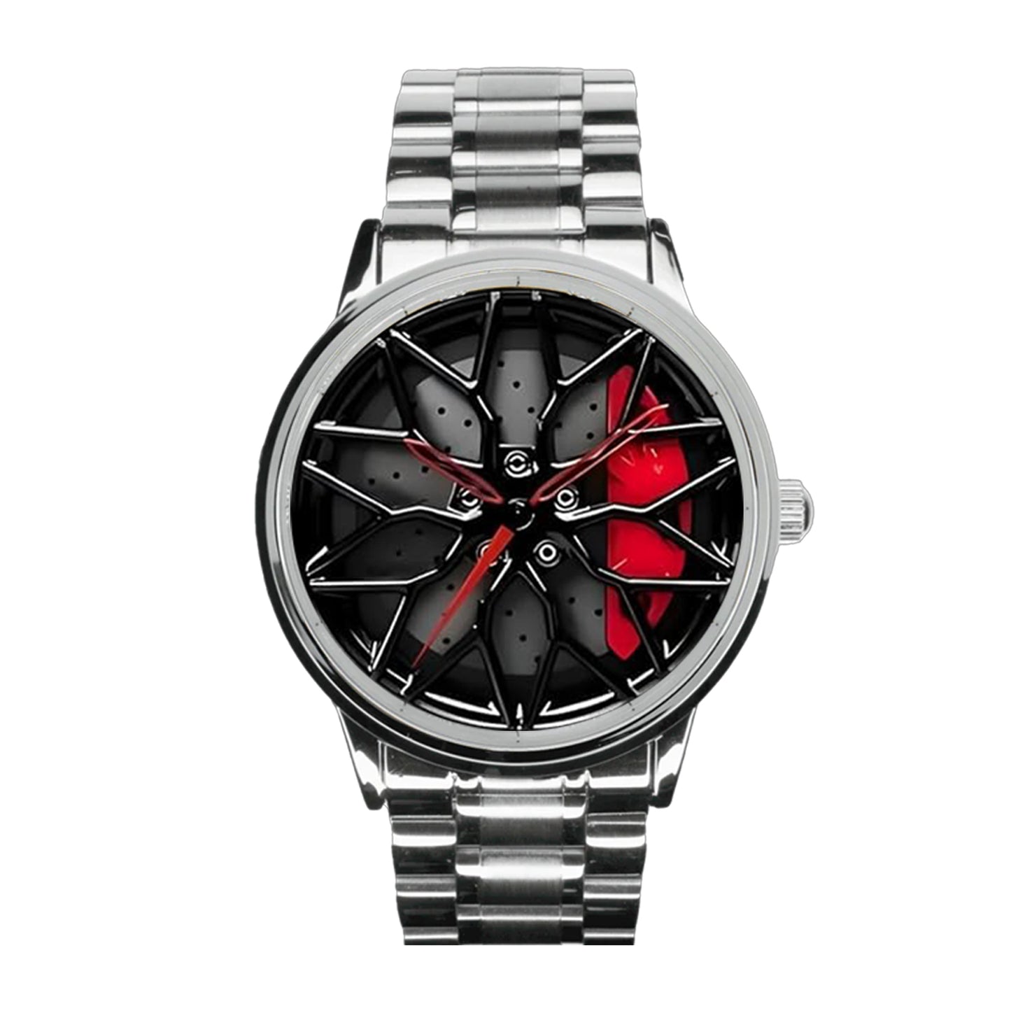 Racing Brake Disc Watch – Silver Band, Red Dial Accents
