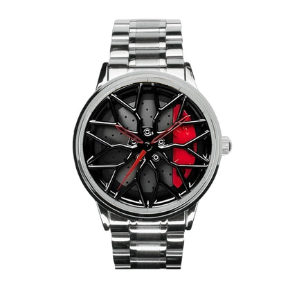 Racing Brake Disc Watch – Silver Band, Red Dial Accents