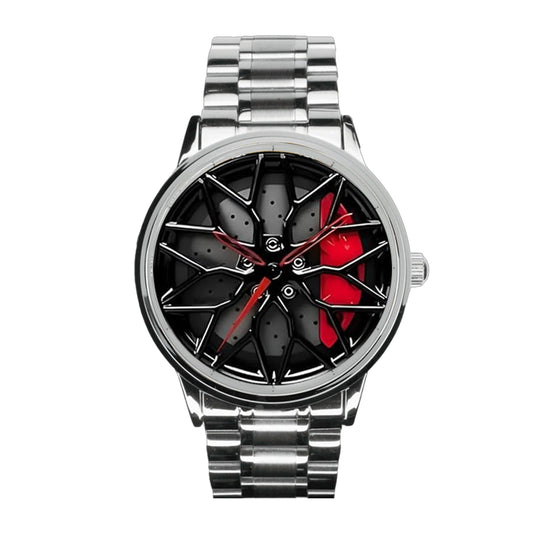 Racing Brake Disc Watch – Silver Band, Red Dial Accents